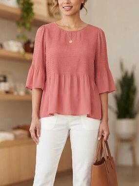 Pleione Dusty Rose Coral Smocked Peplum Blouse